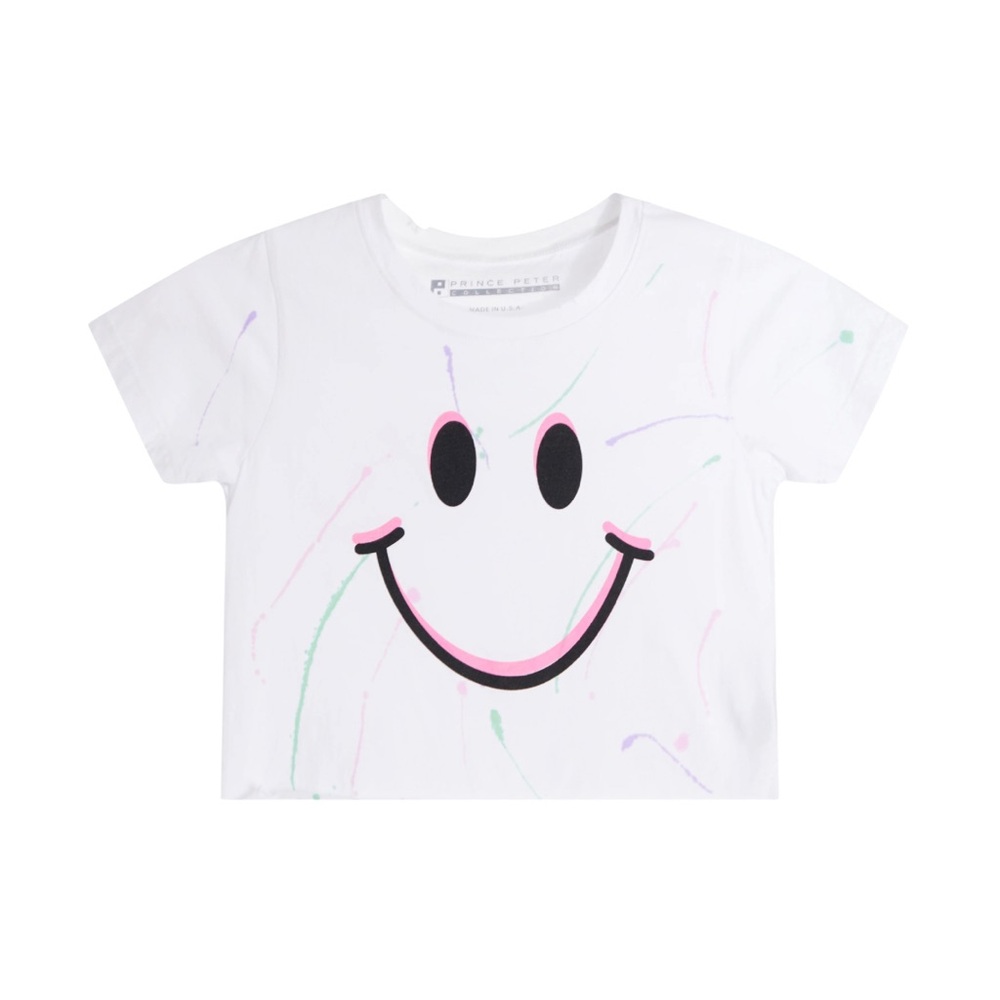 Prince Peter Girls white with pastel splatter smiley face tee Medium in EUC